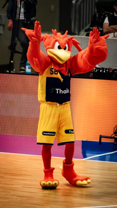 Ein Basketball-Maskottchen in gelb-rotem Outfit mit großen Armen und lebhaften Farben.